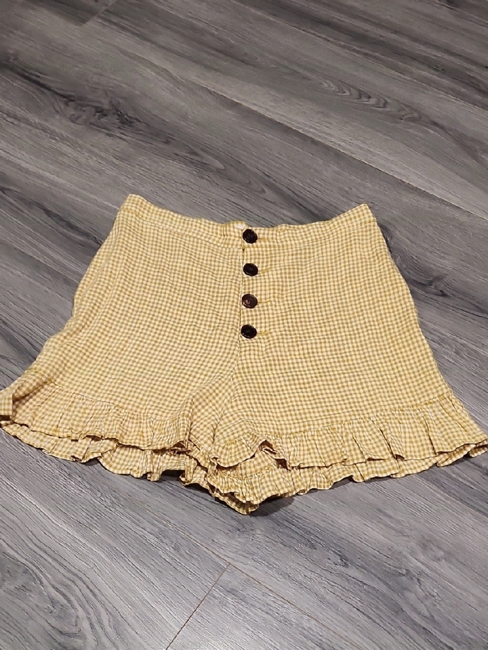 Capulet Mustard Yellow High Waisted Ruffle Button Front Rosie Gingham Shorts